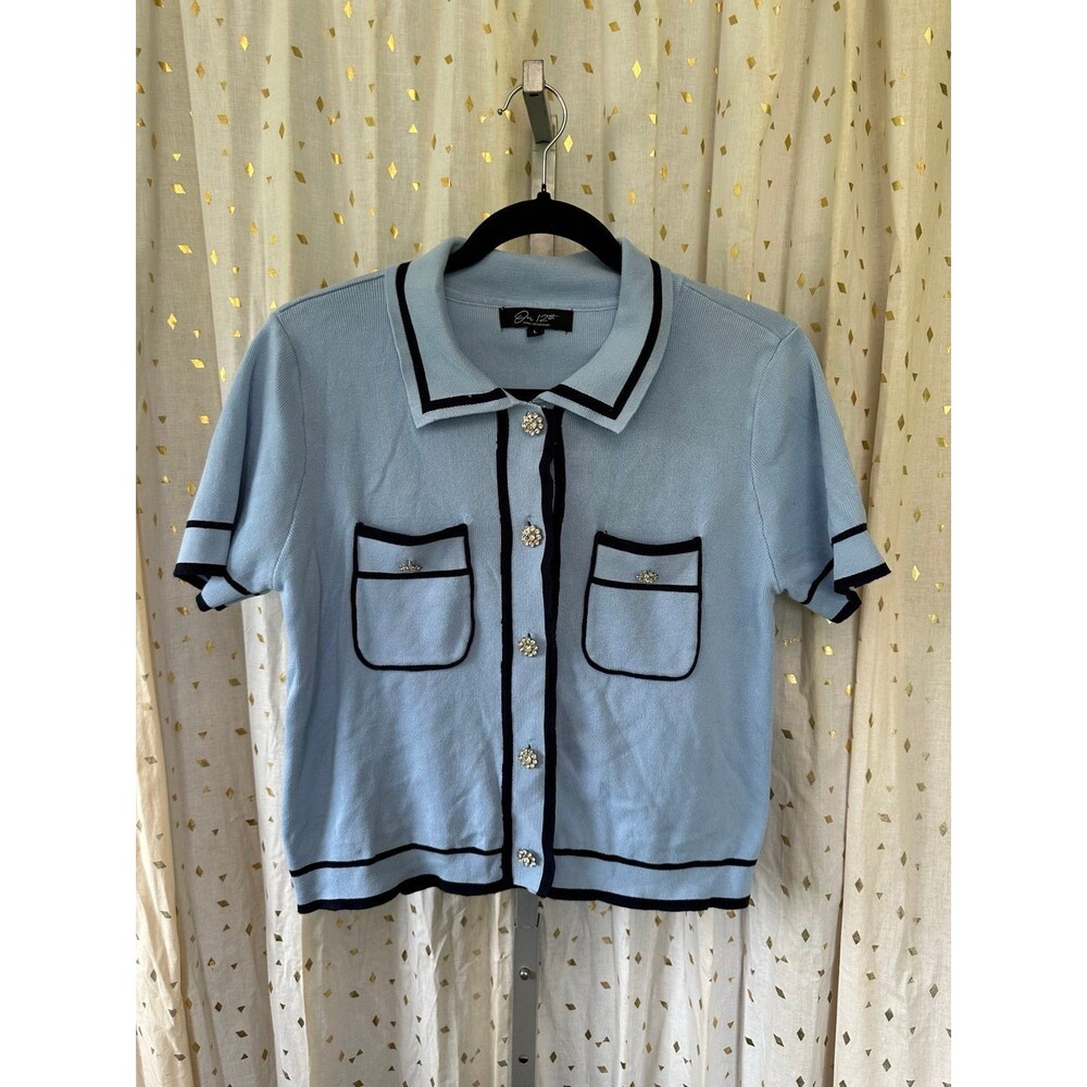 Our 12th Young Contemporary Rhinestone Flower Buttons Knit Polo Sweater L